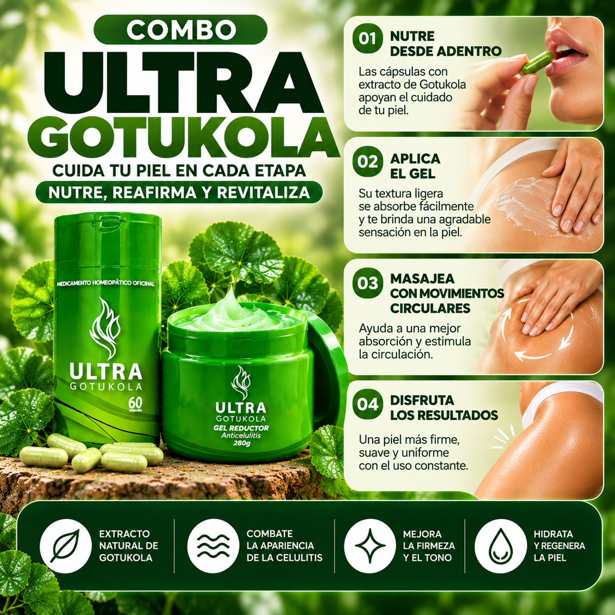 Combo Ultra Gotukola – Cápsulas + Gel Anticelulitis | Piel Más Firme, Suave y Uniforme