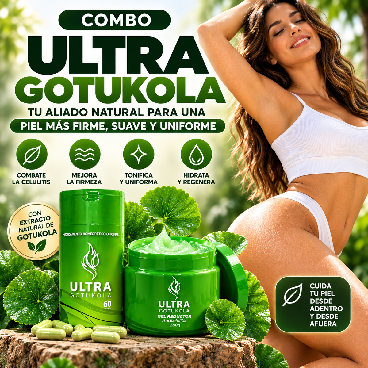 Combo Ultra Gotukola – Cápsulas + Gel Anticelulitis | Piel Más Firme, Suave y Uniforme