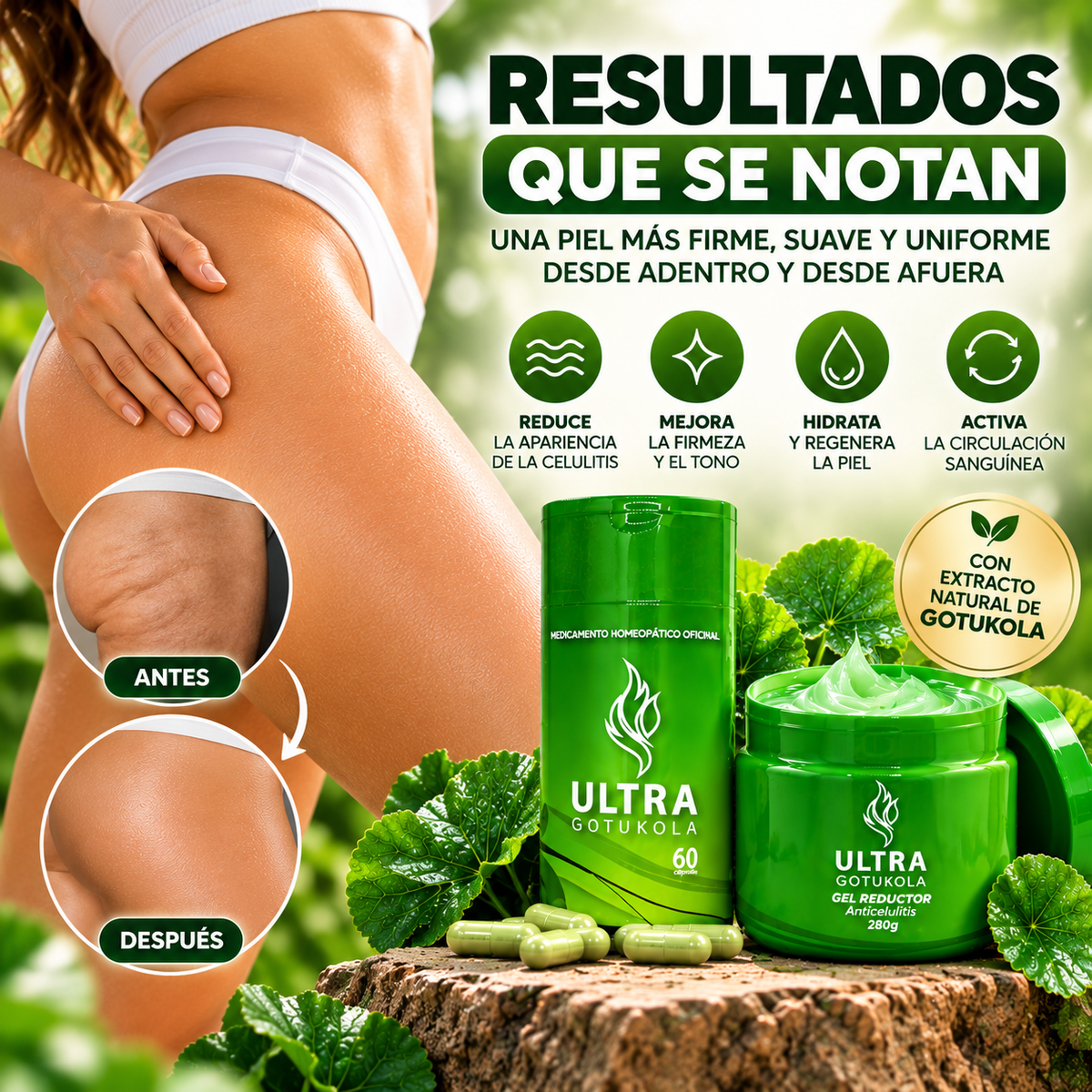 Combo Ultra Gotukola – Cápsulas + Gel Anticelulitis | Piel Más Firme, Suave y Uniforme